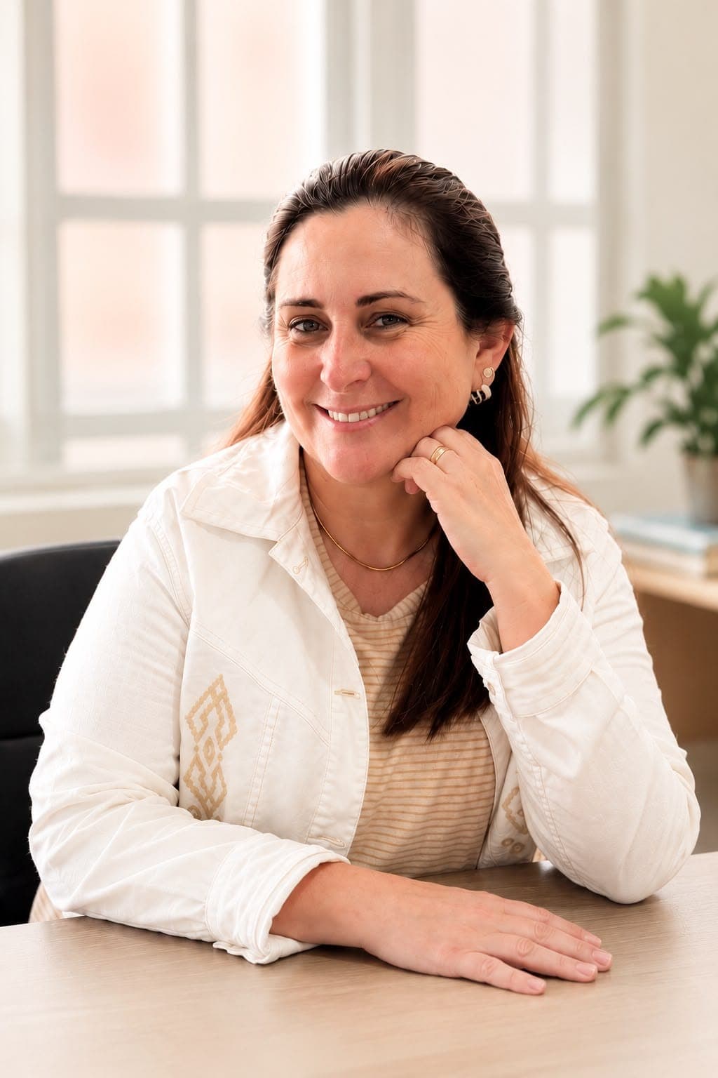 Mulher sentada a uma mesa clara, com o queixo apoiado na mão, jaqueta branca sobre blusa listrada, diante de uma janela ampla.